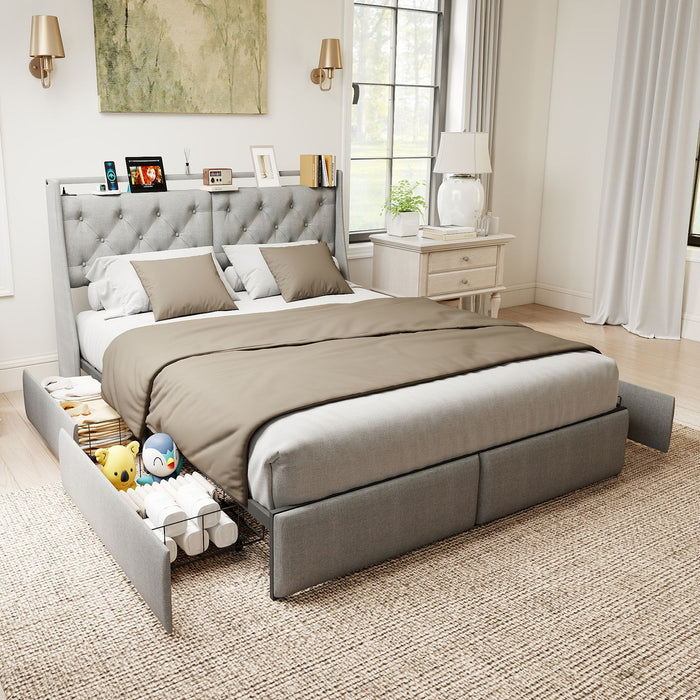 Platform Bed Frame With RGB LED Lights, Charging Station, Storage Headboard & 4 Underbed Drawers Home Essentials