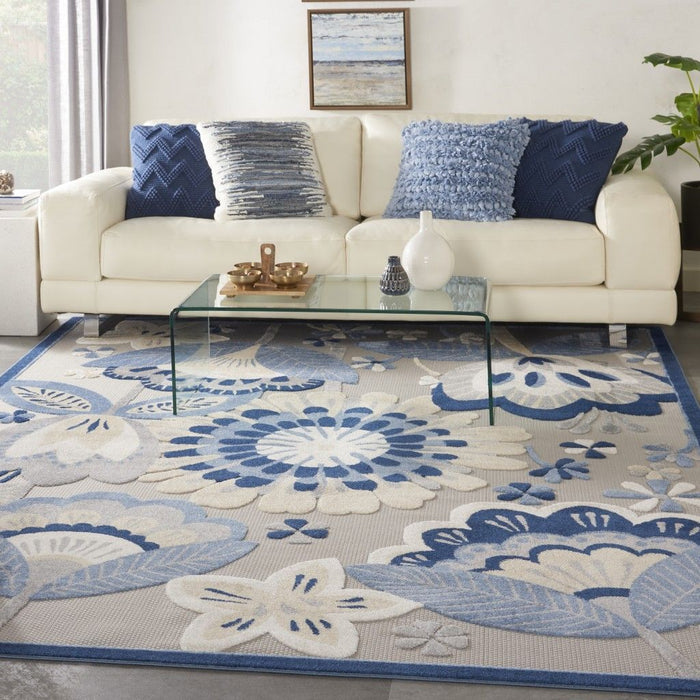 7' X 10' Floral Indoor / Outdoor Area Rug - Blue / Gray