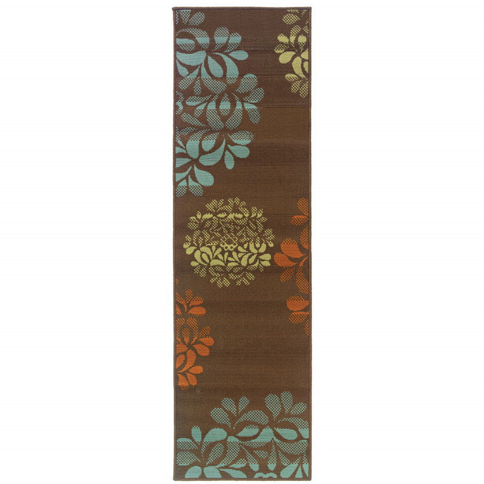 2' X 8' Floral Stain Resistant Indoor / Outdoor Area Rug - Brown