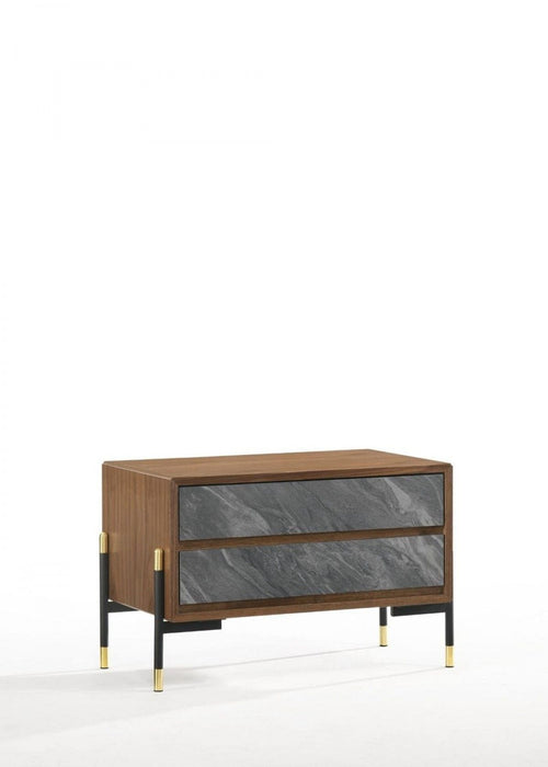 Mid Century Faux Marble Two Drawer Nightstand - Walnut And Gray