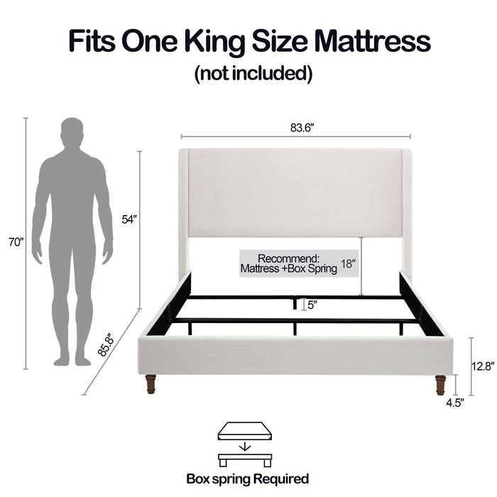 Hayden - King Size Upholstered Wingback Bed With And Tall 54" Headboard - Ivory House & Home Furniture