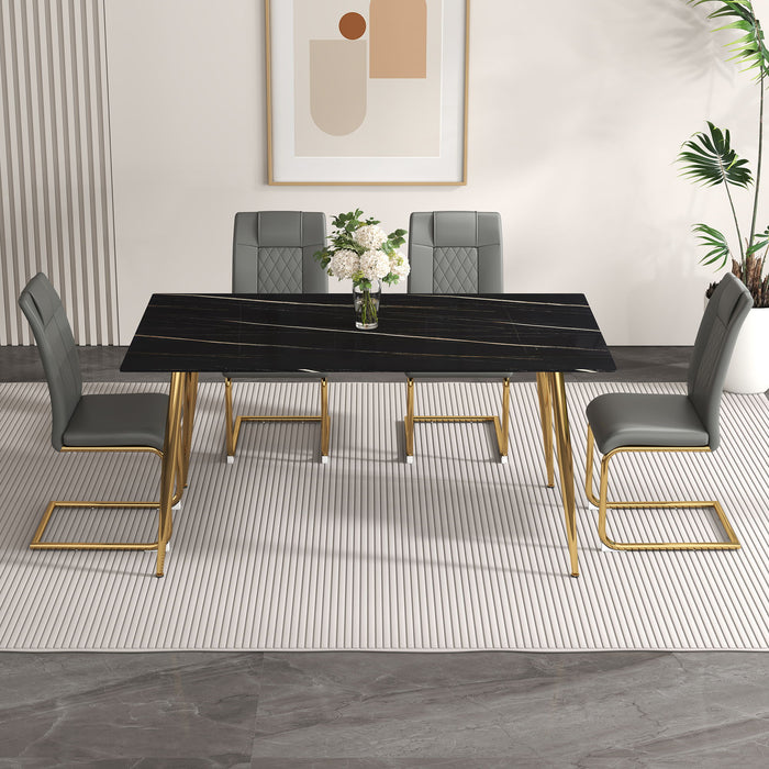 1 Table And 4 Chairs Set, Rectangular Dining Table With Black Imitation Marble Tabletop And Golden Metal Legs, Paired With 4 Chairs With Golden Metal Legs