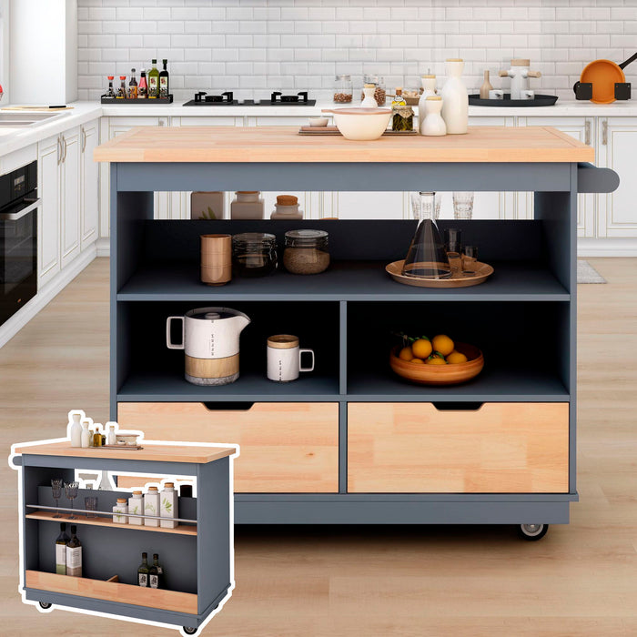 Rolling Kitchen Island With Storage, Two Sided Kitchen Island Cart On Wheels With Wood Top, Wine And Spice Rack, Large Kitchen Cart With 2 Drawers, 3 Open Compartments, Grey Blue