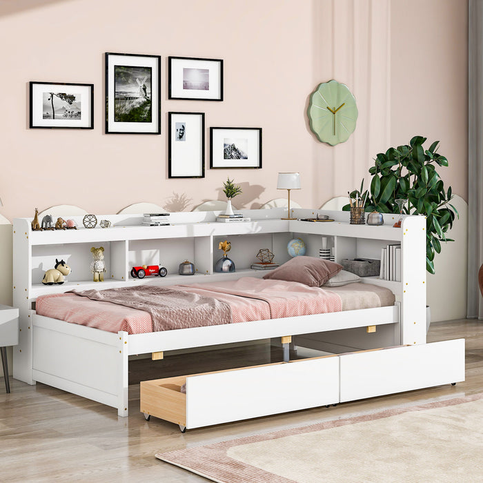 Twin Bed With L-Shaped Bookcases, Drawers - White