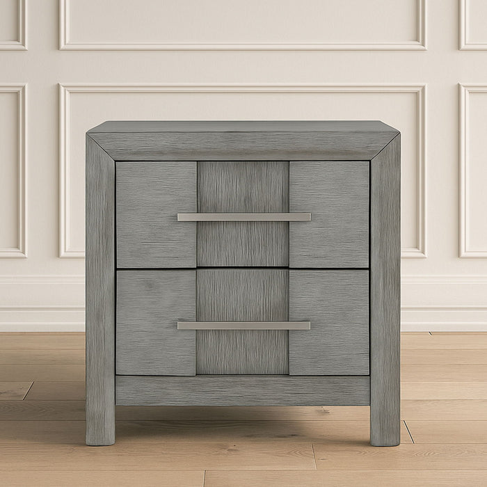 Modern 2 Drawer Nightstand In Gray Finish With Silver Metal Handles, Contemporary Bedside Table With Smooth Glide Drawers Matrix Furniture Group