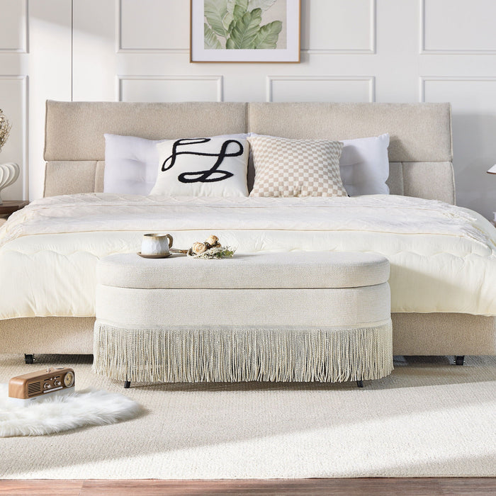 Oval Upholstered Storage Ottoman With Fringe Trim & Lift Top Lid Home Essentials
