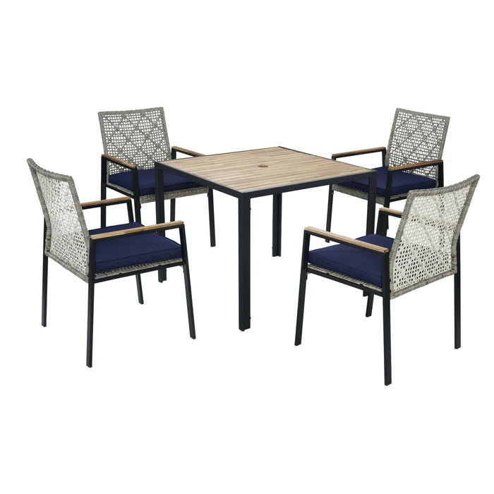 5 Piece Patio Dining Table Set, Acacia Wood Table Top With Umbrella Hole Home Essentials