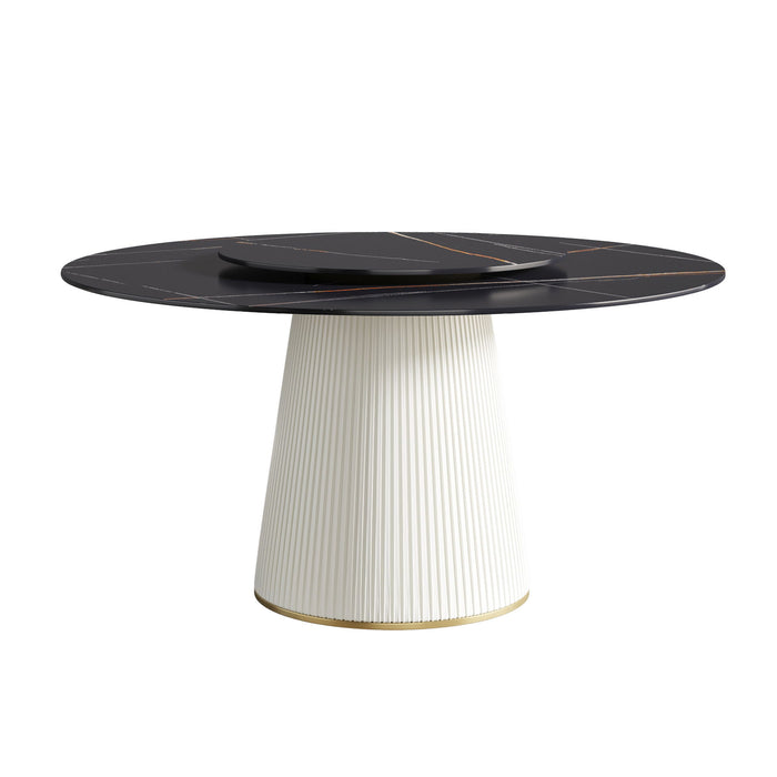 Modern Artificial Stone Round Plywood PU Base Dining Table, Can Accommodate 8 People Artificial Stone Turntable (Not Including Chairs) - Black / Beige