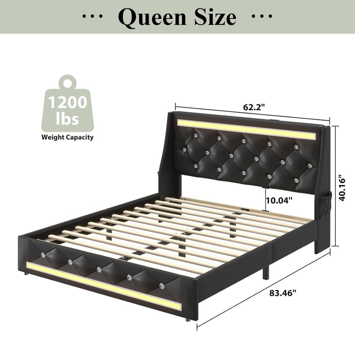 Wingback Upholstered Bed Frame With LED Lights, Charging Station Home Essentials
