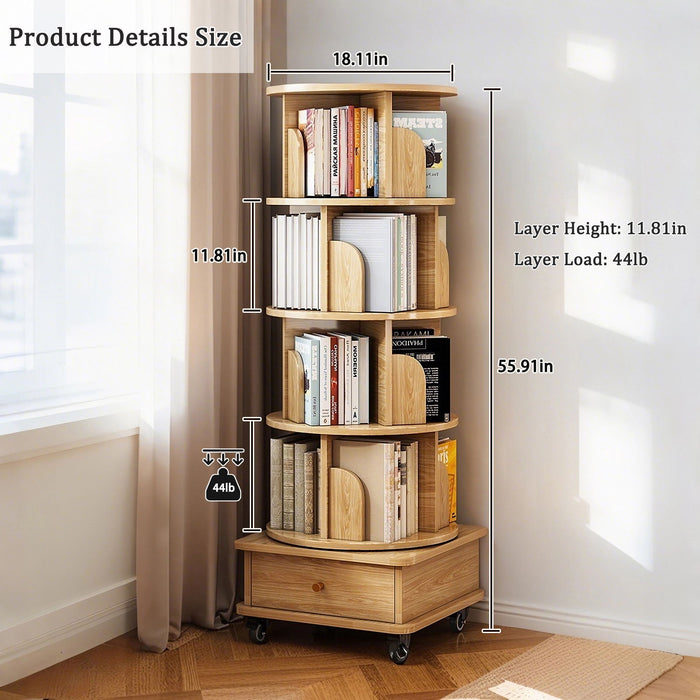Rotating Bookshelf With Wheels And Drawer, 360° Spinning Design, Space Saving Storage Home Essentials