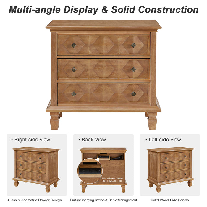 Nightstand With Charging Station, 3 Drawer Bedside Table - Natural Wood Home Essentials