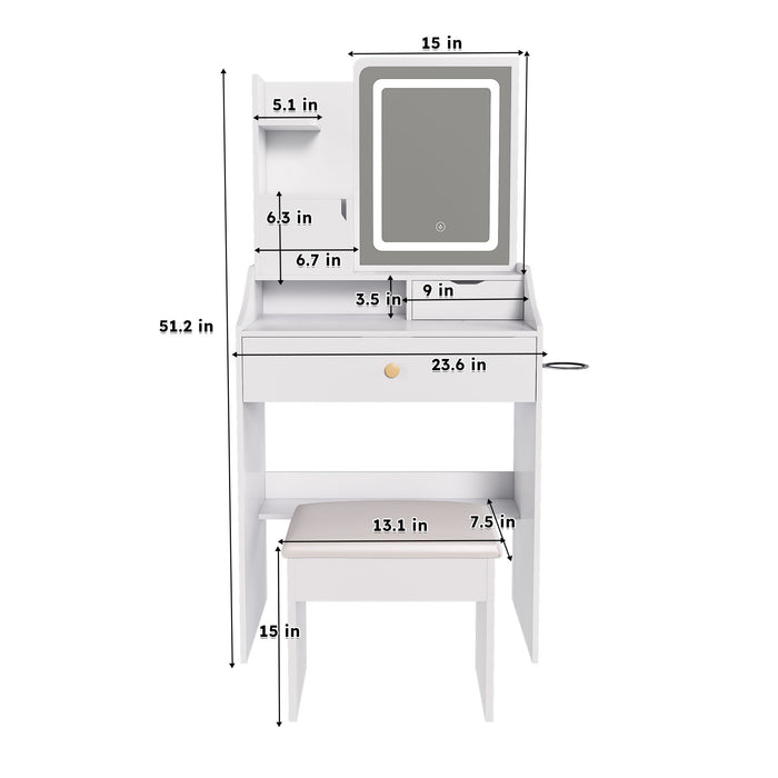 3 Color LED Vanity Mirror With Stool, Dressing Table For Bedroom, 2 Drawers & 5 Storage Cabinets (4 Open + 1 Hidden), Adjustable Lighting - White Home Essentials