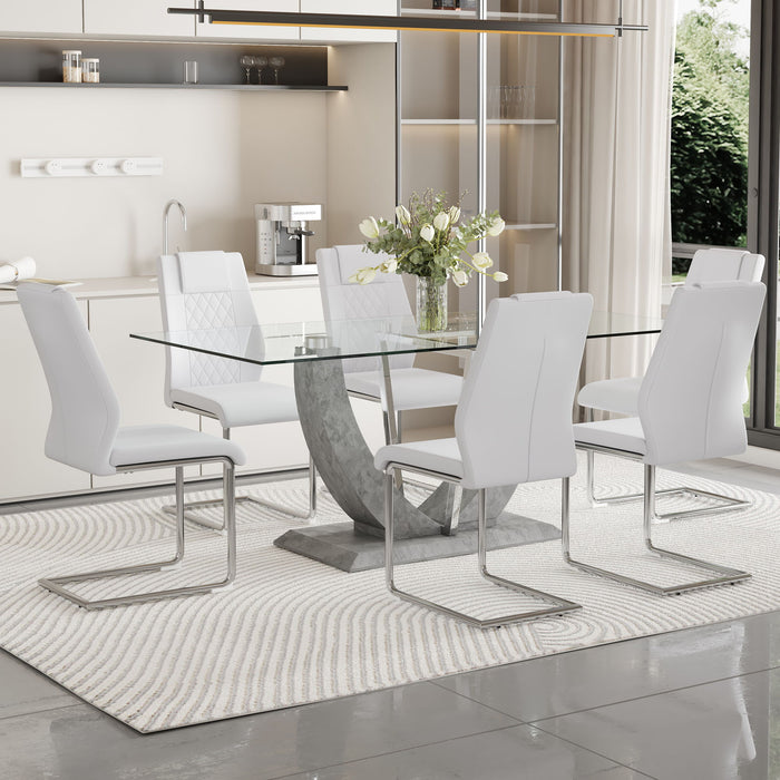 1 Table And 6 Chairs Set, Large Rectangular Table, Equipped With Table Top And MDF Table Legs, Paired With 6 Chairs With Faux Leather Padded Seats, Metal Legs - MDF / Glass
