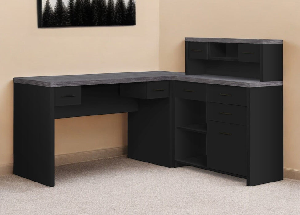 L Shape Computer Desk With Eight Drawers - Gray And Black