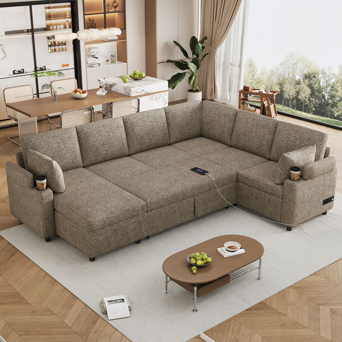 U-Shaped Sectional Sofa Bed With Storage, Charging Ports, And Cup Holders - Brown