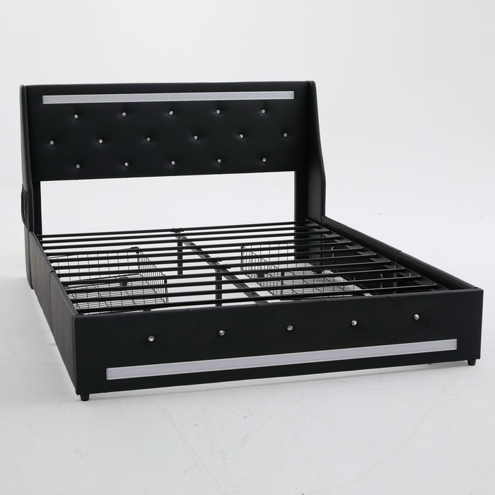 Wingback Upholstered Bed Frame With LED Lights, Charging Station Home Essentials