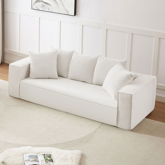 88.97" Corduroy Sofa With 5 Matching Toss Pillows, Sleek Design, Spacious And Comfortable 3 Seater Couch For Modern Living Room.White