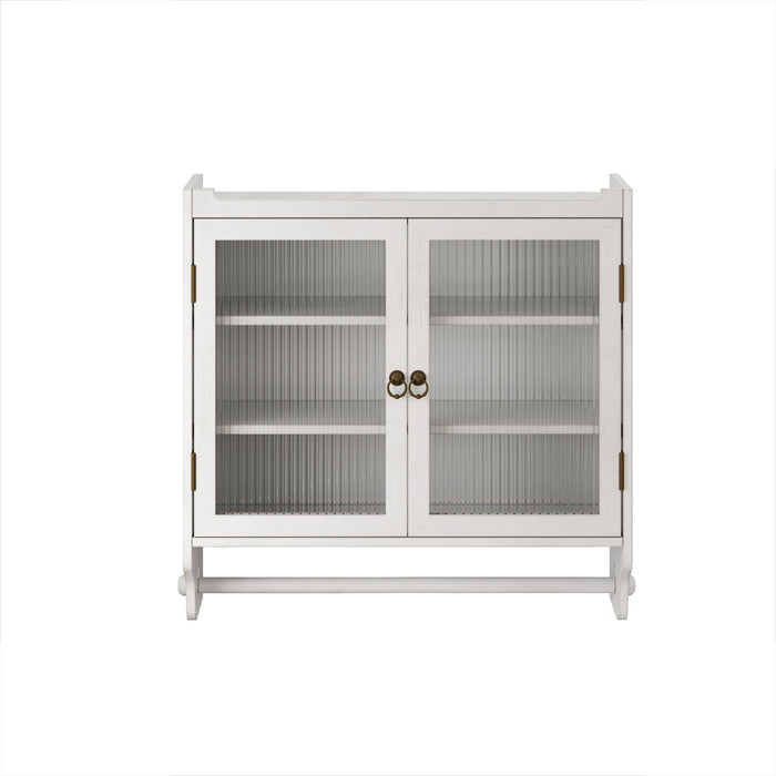Vintage Double Door Wall Cabinet With Three Tiers Storage And Towel Rack - White Washed Home Essentials