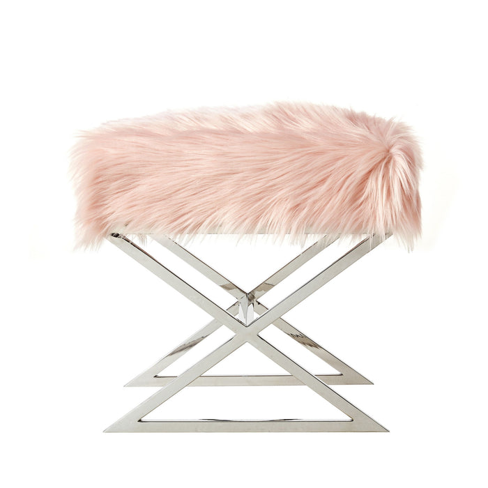 Faux Fur Ottoman - Rose / Silver