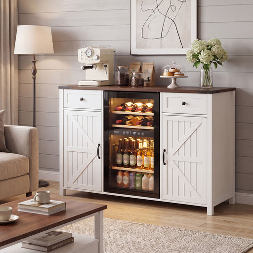 Coffee Bar With Mini Fridge Space & Built In Charging Station, Large Bar Cabinet With Drawers & Adjustable Shelves For Kitchen - White Home Essentials