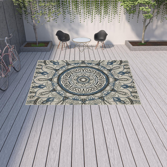 10' X 13' Geometric Stain Resistant Indoor & Outdoor Area Rug - Blue / Beige