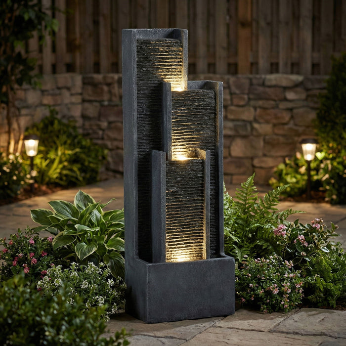 Outdoor Water Fountain With Cascading Waterfall And LED Lighting - Black Patioseek