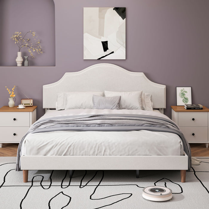 King Size, Upholstered Platform Bed Frame With Adjustable Headboard, No Box Spring Needed - White Home Essentials