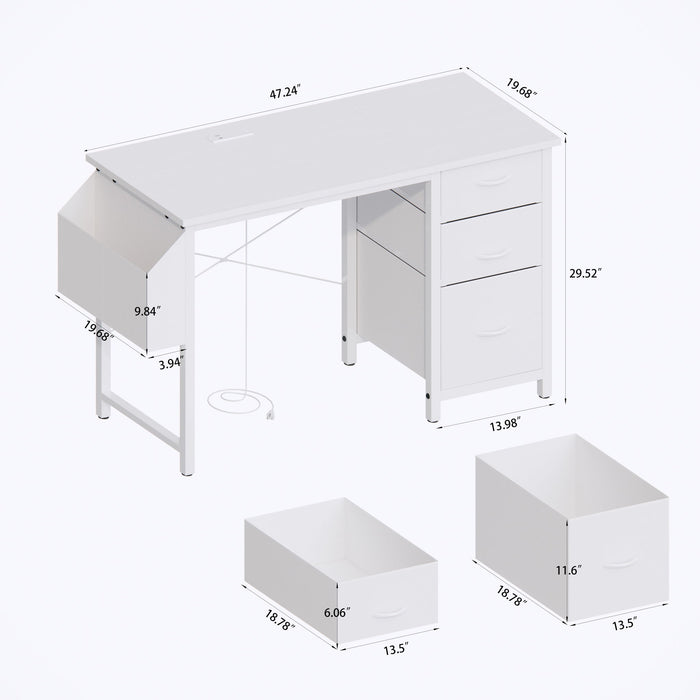 Office Desk With Power Outlet, 3 Drawers And Side Pocket For Office - White Daily Nest
