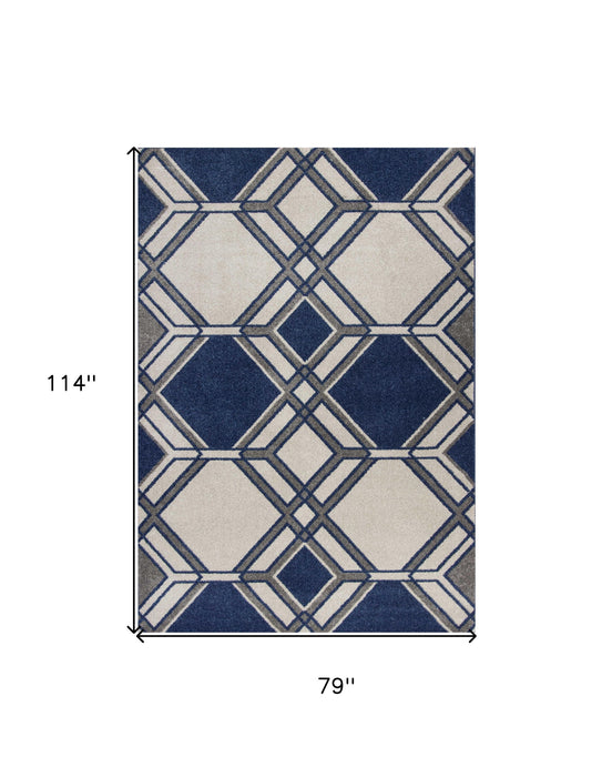 7' X 10' Geometric Indoor / Outdoor Area Rug - Ivory / Blue