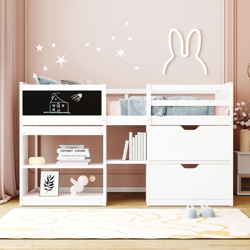 Low Loft Bed With Rolling Desk, Shelf And Drawers DreamHaus