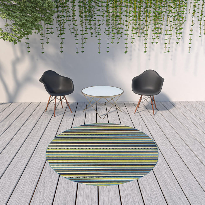 8' X 8' Round Striped Stain Resistant Indoor / Outdoor Area Rug - Blue / Green