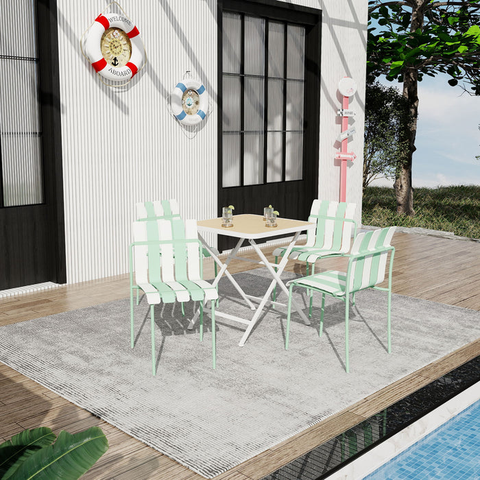 4 Piece Set Of Color Block Designed Single Chairs, Folding Square Table - Haze Green / Khaki / White Home Essentials