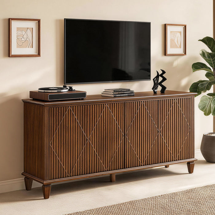 TV Stand With Carved Geometric Doors, Storage Cabinet For Living Room - Walnut Home Essentials