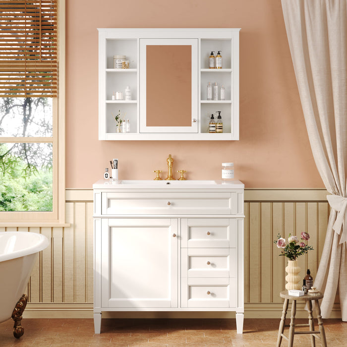 Bathroom Vanity With Top Sink, Storage Cabinet With Mirror, 2 Doors, 3 Drawers, 6 Open Shelves