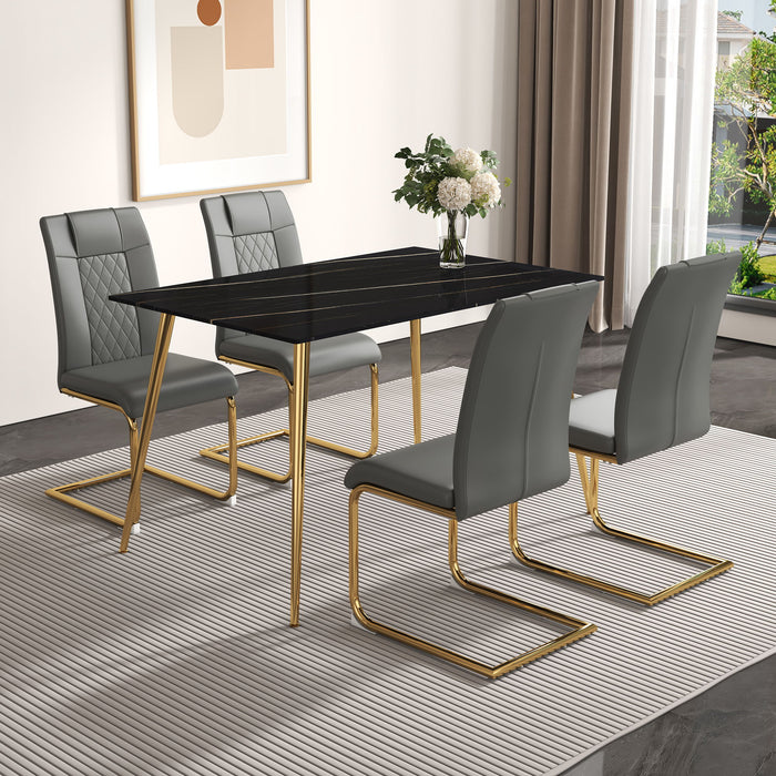 Table And Chair Set, 1 Table With 4 Gray PU Chairs Modern Minimalist Rectangular Black Imitation Marble Dining Table, With Golden Metal Legs, Paired With 4 Chairs With Golden Legs