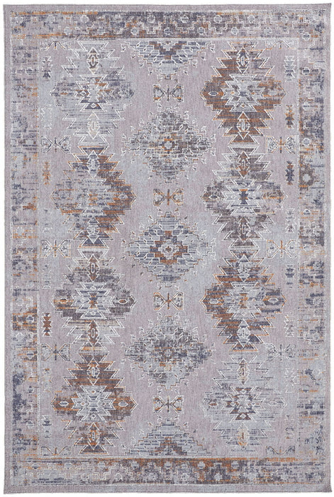 Geometric Power Loom Distressed Stain Resistant Area Rug - Gray Orange And Blue - 5' X 8'