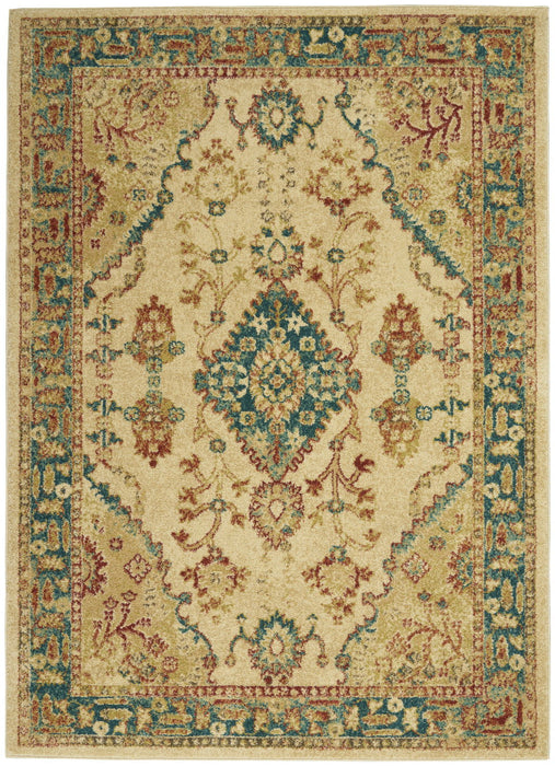 Oriental Power Loom Area Rug - Ivory Green And Red - 4' X 6'
