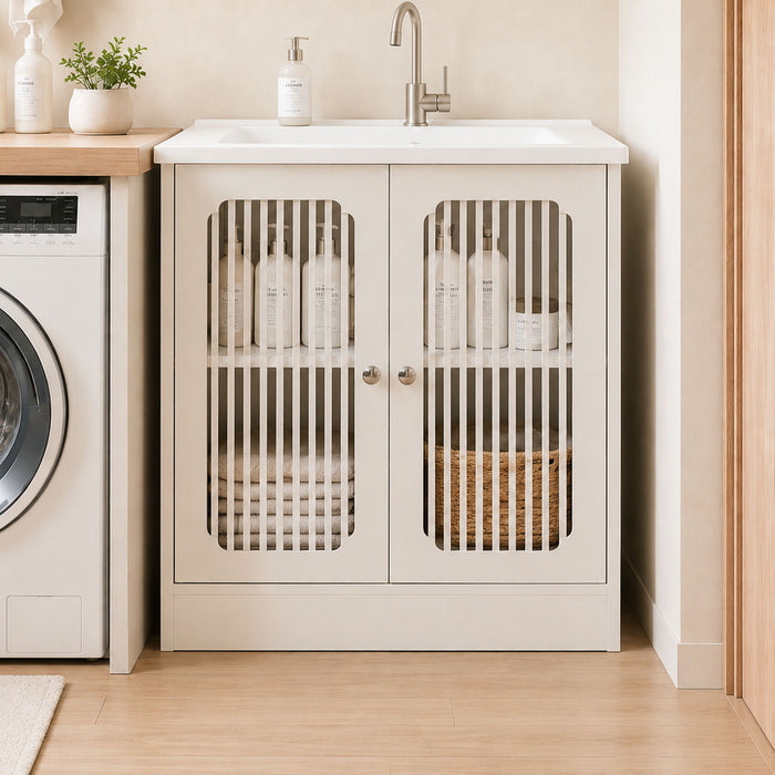 Louvered Double Door Floor Standing Bathroom Vanity Cabinet With Adjustable Shelf - White Home Essentials
