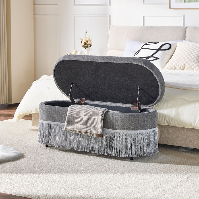 Oval Upholstered Storage Ottoman With Fringe Trim & Lift Top Lid Home Essentials