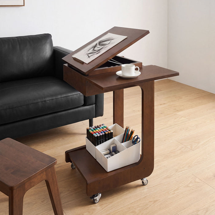 C - Shaped End Table, Rolling With 360° Adjustable & Foldable Desktop, Couch Table With Laptop Stand For Living Room - Walnut Home Essentials