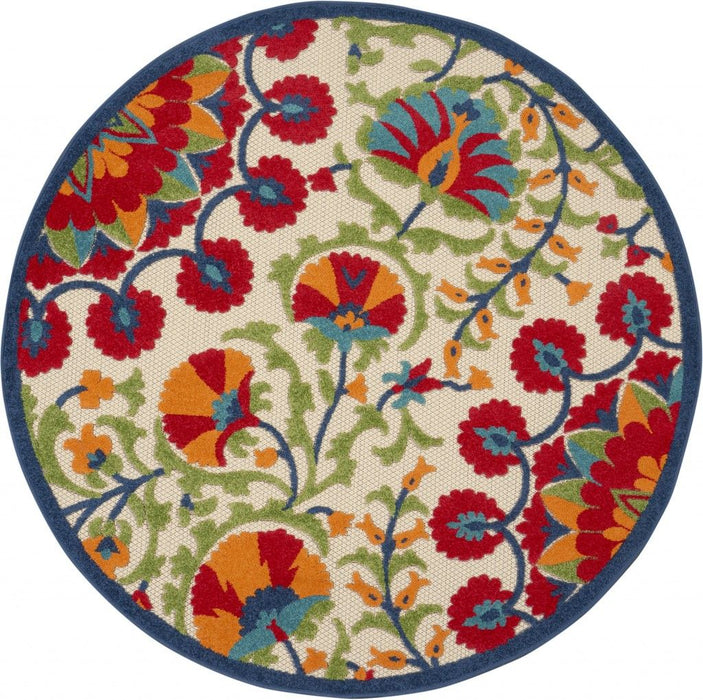 4' Round Round Floral Indoor / Outdoor Area Rug - Red / Ivory