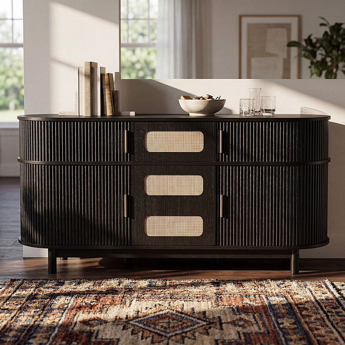 Fluted Sideboard Buffet Cabinet With Sliding Doors And Adjustable Shelves Noble House