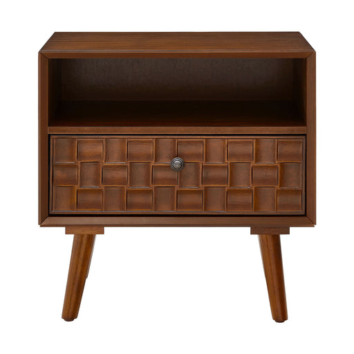 Nightstand With Carved Geometric Drawer Front, 1 Drawer And Open Shelf Home Essentials