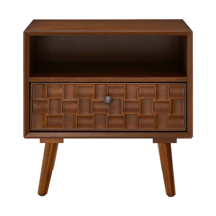 Nightstand With Carved Geometric Drawer Front, 1 Drawer And Open Shelf Home Essentials
