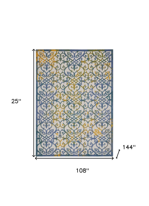 9' X 12' Damask Non Skid Indoor / Outdoor Area Rug - Ivory / Blue