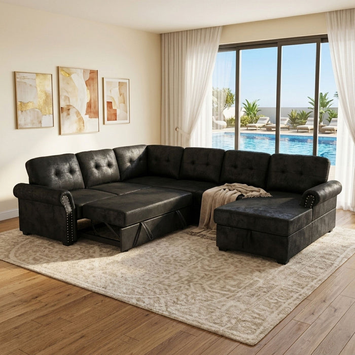 U Shape Sectional Sleeper Sofa With Pull Out Bed And Storage Chaise - Black Home Essentials