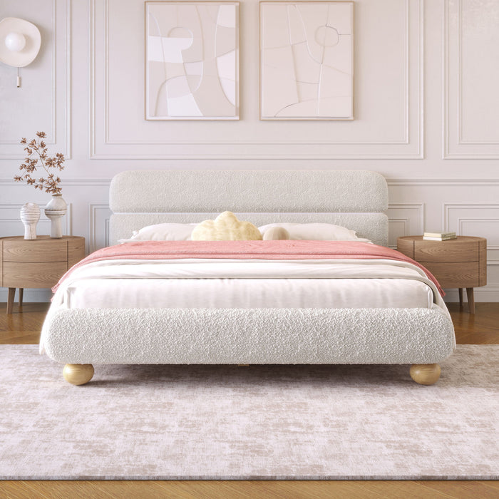 Queen Size Contemporary Low Profile Upholstered Bed With Teddy Fleece Boucle Fabric And Solid Round Legs - White