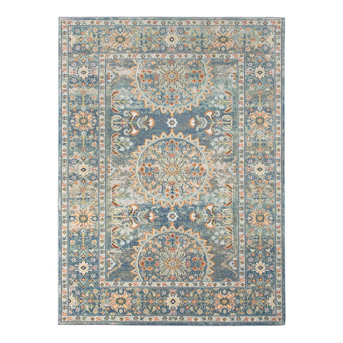 5' X 7' Floral Medallion Stain Resistant Indoor / Outdoor Area Rug - Blue / Orange