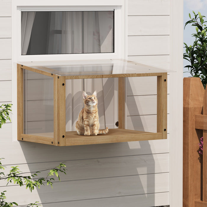 Transparent Acrylic Window Cat Perch Catio Cat Window Box - Natural Wood / Transparent