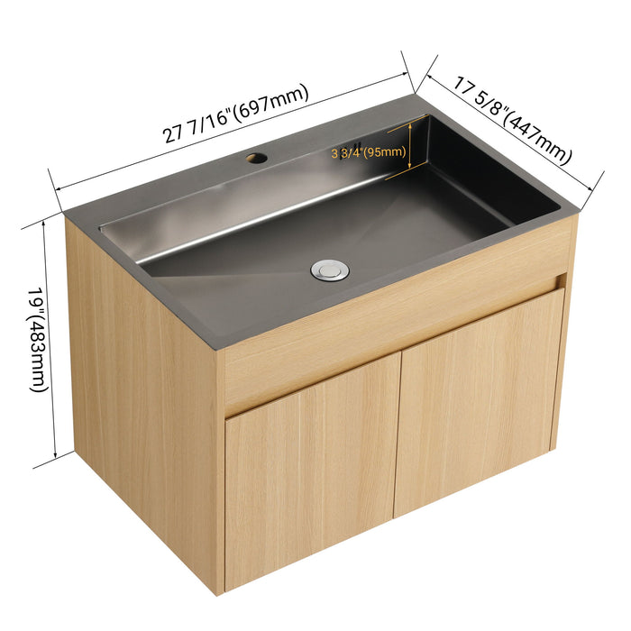 28" Wall Mounted Bathroom Vanity With Stainless Steel Sink, Soft Close Doors - Oak Home Essentials